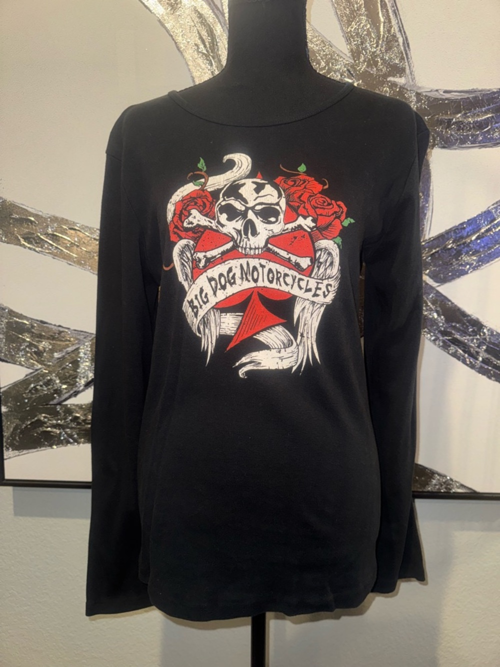 Big Dogs Black Long Sleeve Tee with Red & White Skull Graphic
